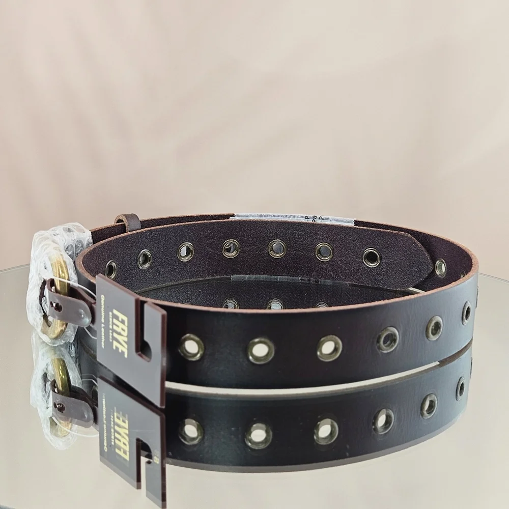 FRYE Belt Brown Grommet Hole Leather Round Buckle Boho Western Adjustable Gifts